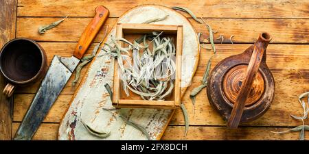 Kräutersalbei-Tee.trockenes Salbeiblatt.Kräutermedizin und Heilpflanzen. Stockfoto