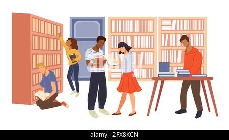 Studenten und Erwachsene lesen Bücher im Bibliotheksgeschäft Stock Vektor