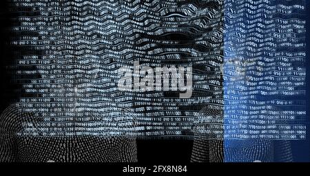 Zusammensetzung der binären Codierungsverarbeitung über menschlichen Büsten Stockfoto