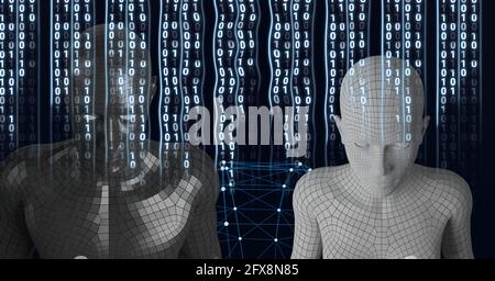 Zusammensetzung der binären Codierungsverarbeitung über menschlichen Büsten Stockfoto