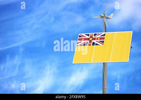 Solar Panels gegen einen blauen Himmel mit ein Bild von der Flagge von Niue Stockfoto