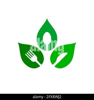 Logo für vegane Lebensmittel. Gabel, Messer, Löffel im grünen Blatt. Symbol für gesunde vegetarische Ernährung. Obst und Gemüse Ernährung. Gesunde Ernährung Idee. Vektor Stock Vektor