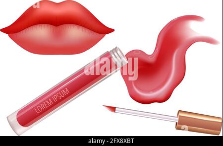 Make-up Set für Lippen mit realistischem Creme-Schimmer, realistischem Flüssiglipstick und Lippen. Stock Vektor