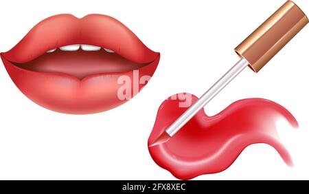Make-up Set für Lippen mit realistischem Creme-Schimmer, realistischem Flüssiglipstick und Lippen. Stock Vektor