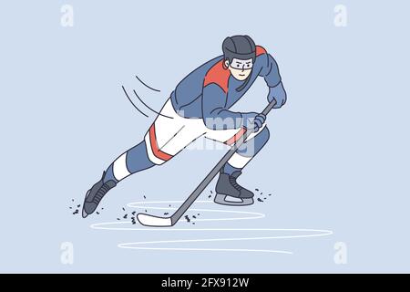 Professionelles Sport- und Lifestyle-Konzept. Junger Mann Eishockey-Spieler Zeichentrickfigur gleiten auf Eis mit Stick in Sport Uniform Vektor-Illustration Stock Vektor