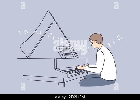 Professionelle Musiker und musikalische Bildung Konzept. Junger lächelnder Mann Pianist Cartoon Figur sitzen Klaviermelodie mit Noten Vektor Illustration spielen Stock Vektor