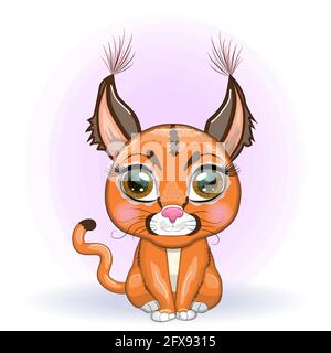 Caracal Steppe Luchs mit schönen Augen im Cartoon-Stil, bunte Illustration für Kinder. Karakalkatze mit charakteristischen Ohren, Flecken und Farbe Stock Vektor