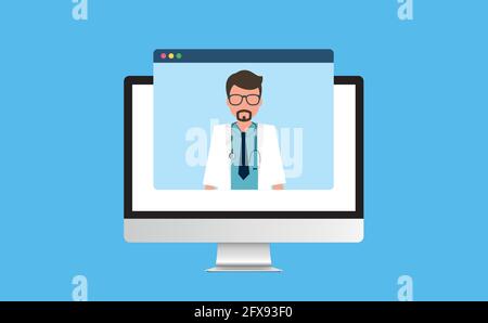 Online-Arzt auf dem Computerbildschirm während des Telemedizin-Besuchs Stock Vektor