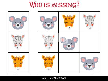 Sudoku Spiel für Kinder mit Bildern. Kinder Aktivität Blatt. Niedliche afrikanische Tiere Schnauze Stock Vektor