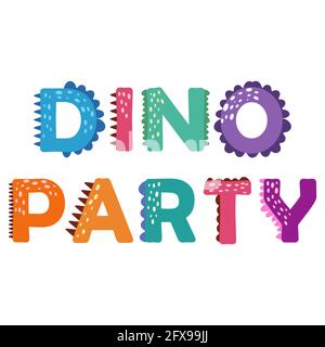 Dino-Party. Dinosaurier-Schriftzug. Helle moderne Illustration für Kinder, Kinderzimmer, Poster, Karte, Geburtstagsfeier, Verpackungspapierdesign Stock Vektor