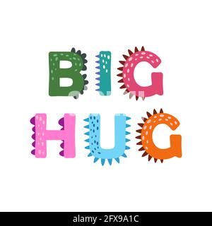 Dino umarmt. Alles Liebe zum Valentinstag - Typografie, umarmt mich. Dinosaurier-Schriftzug. Helle moderne Illustration für Kinder, Kinderzimmer, Poster, Karte, Geburtstagsfeier, Stock Vektor