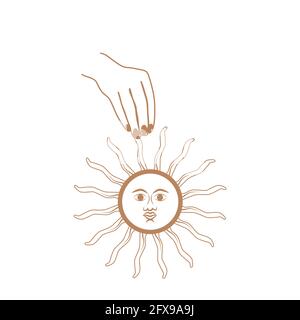 Esoterische Symbole, Alchemie und Hexenkunst mit Händen, Mond, Auge und anderen magischen Elementen. Esoterisches Symbol. Mystisches und magisches Design Stock Vektor