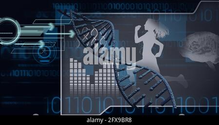 Zusammensetzung von dna-Strang und wissenschaftlichen digitalen Symbolen mit binären Codierung auf dem Bildschirm Stockfoto