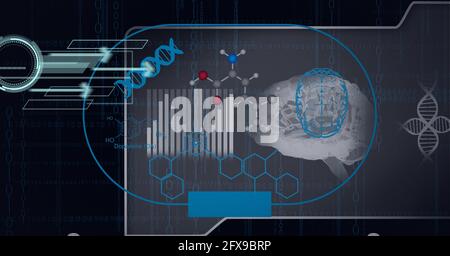 Zusammensetzung von dna-Strang und wissenschaftlichen digitalen Symbolen auf dem Bildschirm Stockfoto