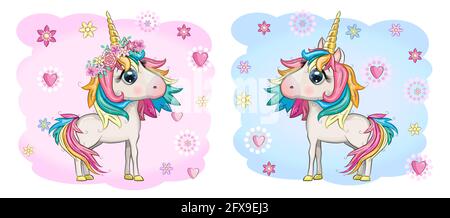 Baby Dusche Grußkarte mit niedlichen Cartoon Einhorn Mädchen und Junge Stock Vektor