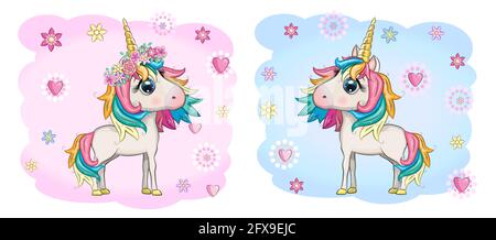Baby Dusche Grußkarte mit niedlichen Cartoon Einhorn Mädchen und Junge Stock Vektor