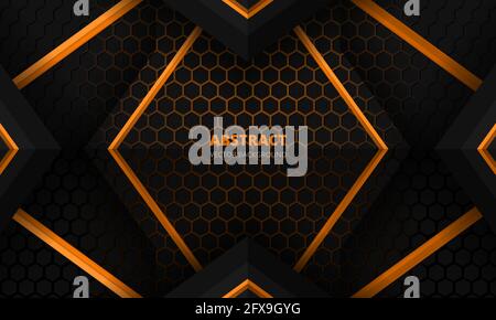 Futuristische Design-Vorlage für abstraktes Gaming-Banner in Schwarz und Orange mit sechseckiger Kohlefaser. Dark Tech hexagonal Konzept Vektor Hintergrund für Spiel Stock Vektor