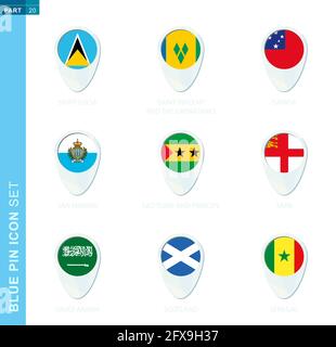 PIN-Flag-Set, Kartenstandssymbol in blauen Farben mit Flagge von St. Lucia, St. Vincent und den Grenadinen, Samoa, San Marino, Sao Tome und Principe, S Stock Vektor