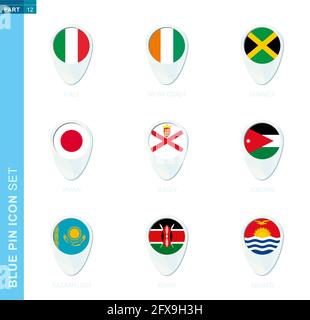 PIN-Flag-Set, Kartenstandssymbol in blauen Farben mit Flagge von Italien, Elfenbeinküste, Jamaika, Japan, Jersey, Jordanien, Kasachstan, Kenia, Kiribati Stock Vektor