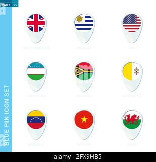 PIN-Flag-Set, Kartenstandssymbol in blauen Farben mit Flagge von Großbritannien, Uruguay, USA, Usbekistan, Vanuatu, Vatikanstadt, Venezuela, Vietnam, Wales Stock Vektor