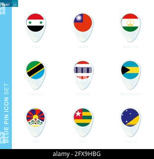 Stecknadelflaggenset, Kartenstandssymbol in blauen Farben mit Flagge von Syrien, Taiwan, Tadschikistan, Tansania, Thailand, Bahamas, Tibet, Togo, Tokelau Stock Vektor