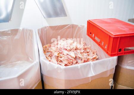 Hühnerfüße, Hühnerfüße, die in vielen Stücken in einer großen Box geschnitten werden.Line für die Herstellung von Fleisch mit Verpackung und Schneiden . Industrieausrüstung Stockfoto