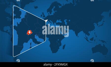 Lage der Schweiz auf der Weltkarte mit vergrößerter Karte der Schweiz mit Flagge. Geografische Vektor-Vorlage für Ihr Design. Stock Vektor