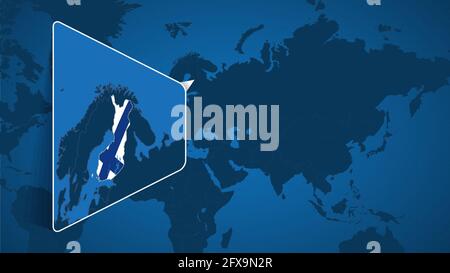 Lage Finnlands auf der Weltkarte mit vergrößerter Karte Finnlands mit Flagge. Geografische Vektor-Vorlage für Ihr Design. Stock Vektor