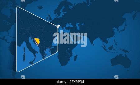 Lage von Bosnien und Herzegowina auf der Weltkarte mit vergrößerter Karte von Bosnien und Herzegowina mit Flagge. Geografische Vektor-Vorlage für Ihr Design Stock Vektor