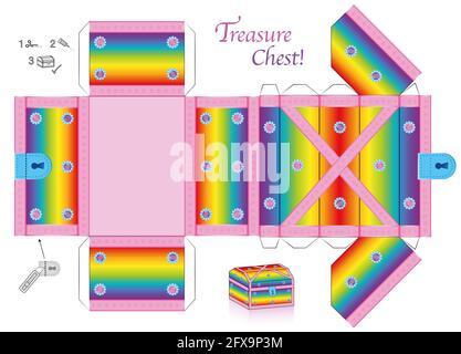 Vorlage für Schatztruhen. Regenbogenfarbenes Papiermodell. Ausschneiden, falten und kleben. Mit Deckel, der geöffnet werden kann. Bunte Box für kostbare Objekte. Stockfoto