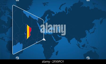Lage des Tschad auf der Weltkarte mit vergrößerter Karte des Tschad mit Flagge. Geografische Vektor-Vorlage für Ihr Design. Stock Vektor