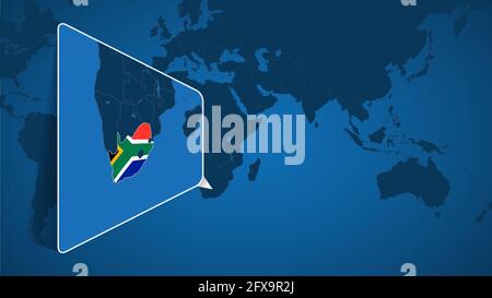 Lage von Südafrika auf der Weltkarte mit vergrößerter Karte von Südafrika mit Flagge. Geografische Vektor-Vorlage für Ihr Design. Stock Vektor