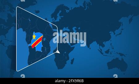 Lage der DR Kongo auf der Weltkarte mit vergrößerter Karte der DR Kongo mit Flagge. Geografische Vektor-Vorlage für Ihr Design. Stock Vektor