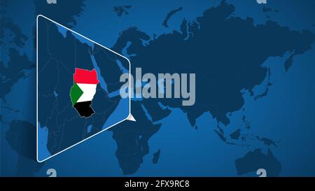 Lage des Sudan auf der Weltkarte mit vergrößerter Landkarte des Sudan mit Flagge. Geografische Vektor-Vorlage für Ihr Design. Stock Vektor