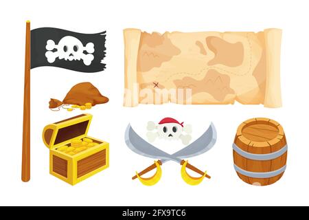 Piratenset mit Holzfass und Schatzkiste, schwarzer Flagge, Tasche mit Goldmünzen, Kreuzschwertern und Totenschädel, Pergamentkarte im Cartoon-Stil isoliert auf Stock Vektor