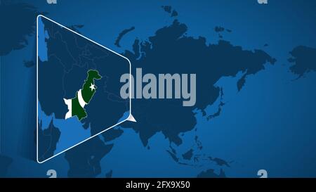 Lage Pakistans auf der Weltkarte mit vergrößerter Karte Pakistans mit Flagge. Geografische Vektor-Vorlage für Ihr Design. Stock Vektor