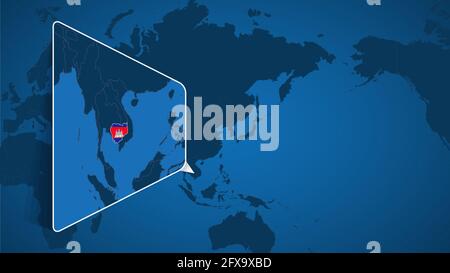 Lage von Kambodscha auf der Weltkarte mit vergrößerter Karte von Kambodscha mit Flagge. Geografische Vektor-Vorlage für Ihr Design. Stock Vektor