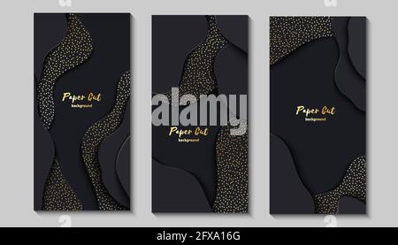 Set aus drei schwarzen 3D-Transparenten mit Papierschnitt. Abstrakte, realistische, gewellte, papiergeschnittene Schichten mit goldenen Glitzern. Vektordarstellung des vertikalen Flyer-Layouts Stock Vektor