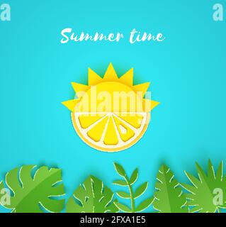 Sommerkarte in Papierform. Halbe Sonne und gelbe Zitronenfrüchte auf blauem Hintergrund mit Dschungelblättern. Vektor-Illustration Origami-Stil. Stock Vektor