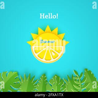 Sommerkarte in Papierform. Halbe Sonne und gelbe Zitronenfrüchte auf blauem Hintergrund mit Dschungelblättern. Vektor-Illustration Origami-Stil. Stock Vektor