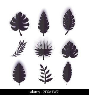 Set aus schwarzen tropischen Sommerblättern im Papierschnitt-Stil. Craft Jungle Plants Kollektion auf weißem Hintergrund. Vektor-Karte Illustration für schwarzen freitag Stock Vektor