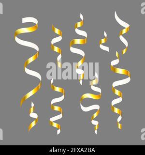 3d Band Serpentine Set Gold auf grauem Hintergrund. Sammlung von Festive Vektor Streamer Konfetti. Weihnachtsgruß flayer Dekorationen Elemente. Stock Vektor