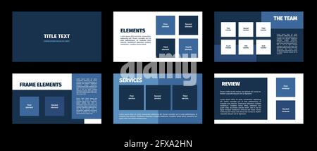 Präsentationsvorlage. Blaue Rechtecke, flaches Design, weißer Hintergrund. 6 Folien. Titel, Element, Team, Rahmen, Service, Überprüfen. Moderne Unternehmensunterlagen Stock Vektor