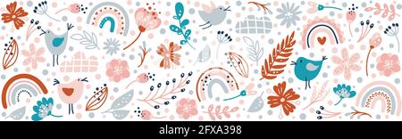 Vektor Blumen Sommer Rechteck. Frühlingsstrauß mit handgezeichneten Blumen, Regenbögen und Pflanzen. Skandinavische romantische Liebe Illustration in Stock Vektor