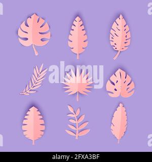 Set aus rosa tropischen Sommerblättern in Papierform. Craft Dschungel neonfarbene Pflanzen Kollektion auf hellviolettem Hintergrund. Vektorkarte Stock Vektor