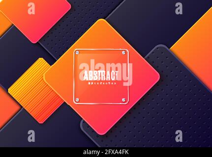 Abstrakter horizontaler Hintergrund mit quadratischem Glasetikett dunkelgrau und orangefarbener Gradientenrhombus. Vektor minimalistisches Papier geschnitten geometrisches Muster. Design Stock Vektor