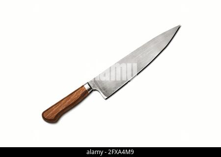 Top up Ansicht von Messer mit Holzgriff auf weiß . Passend für Ihr Design-Element. Stockfoto