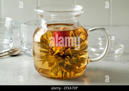 Chinesische getrocknete Teeblüte wächst in einer Glas-Teekane Stockfoto