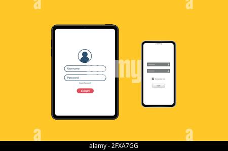 Anmeldebildschirm auf Tablet und Smartphone. Mobile Anwendungsschnittstelle, Registrierungsformular mit Login- und Passwortfeldern. Stock Vektor