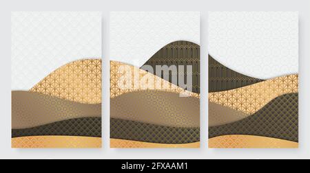 Wellenstruktur, fluides geometrisches Gold fließende Formen Vektor-Illustrationsset. Curve gewellte goldene Luxus-Formen fließen mit abstrakter Textur für Wandkunst Innenarchitektur, Tapete Vorlage Hintergrund Stock Vektor